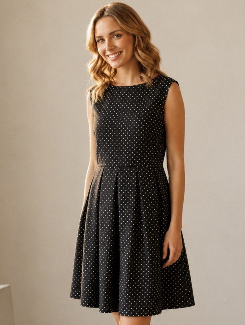 Zara Basic Black Polka Dot Fit & Flare Dress Sleeveless Mini,Retro Chic,Size XL